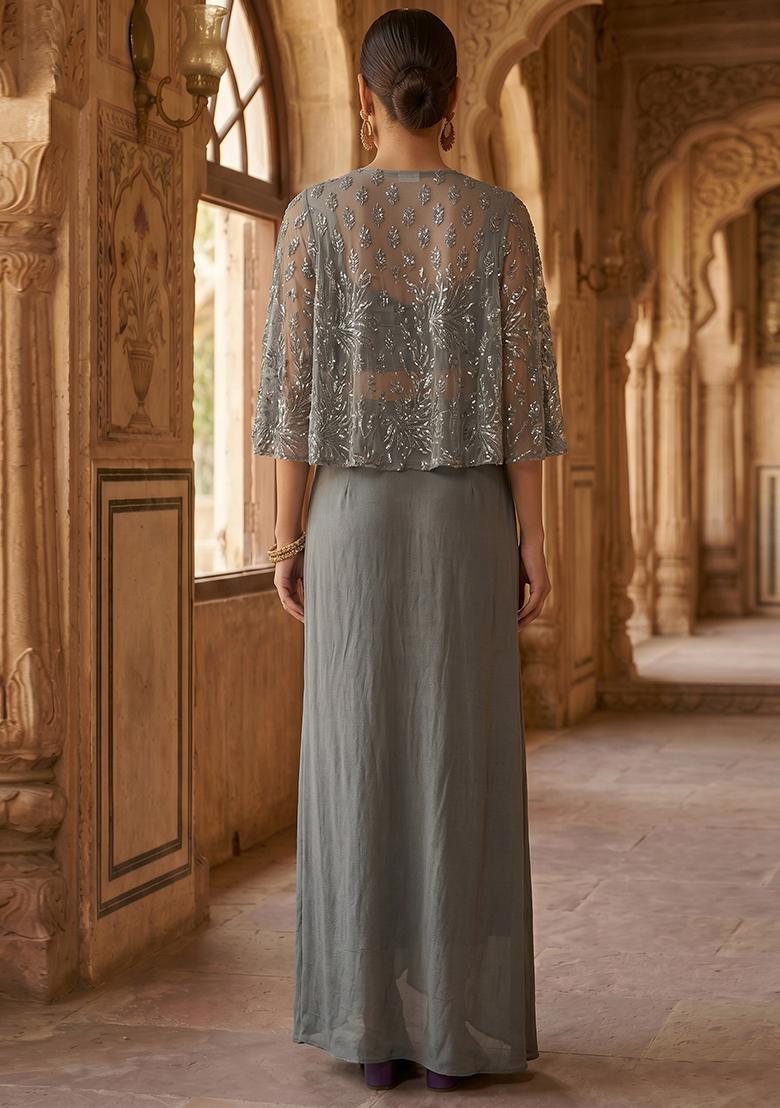 Ash Grey Solid Net Fusion Set - Indya