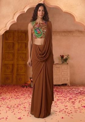 Brown Printed Crepe Pre Draped Saree Set