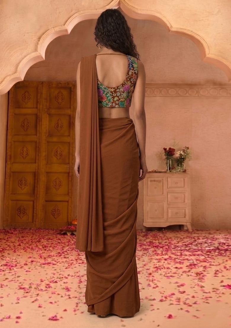 Brown Printed Crepe Pre Draped Saree Set - Indya