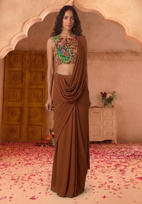Brown Printed Crepe Pre Draped Saree Set