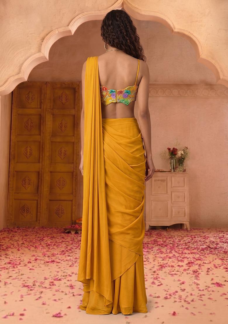 Yellow Printed Crepe Pre Draped Saree Set - Indya