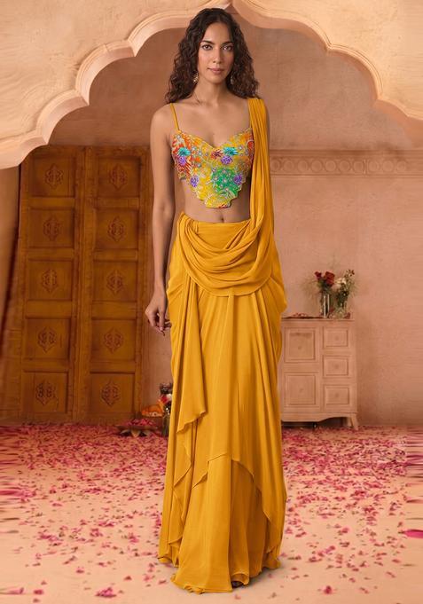 Yellow Silk Blend Solid Pre Draped Saree Set