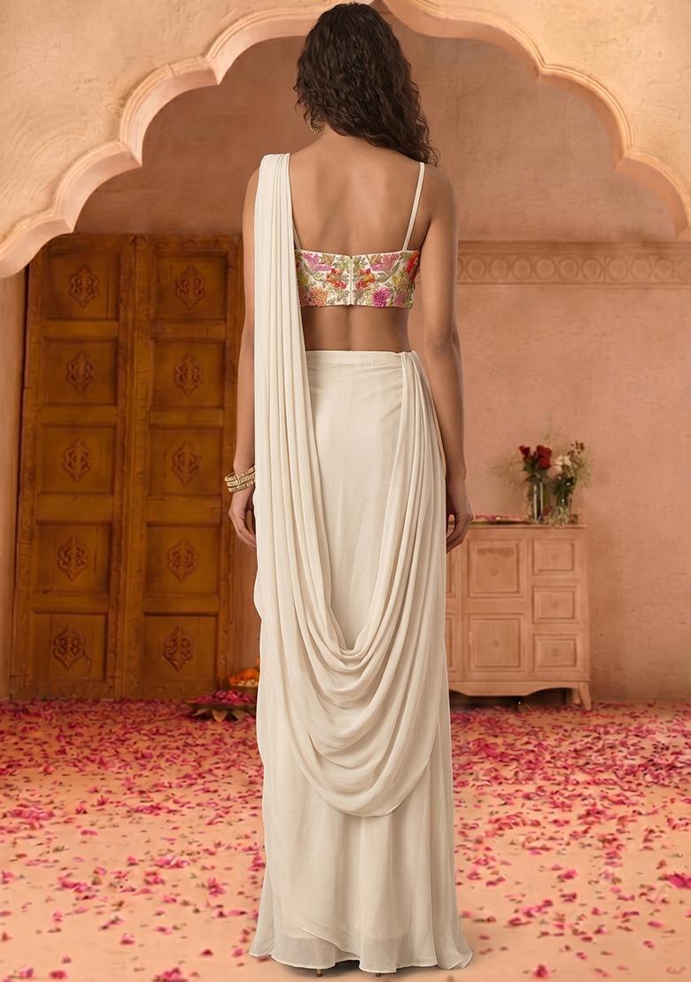 Beige Printed Crepe Pre Draped Saree Set - Indya