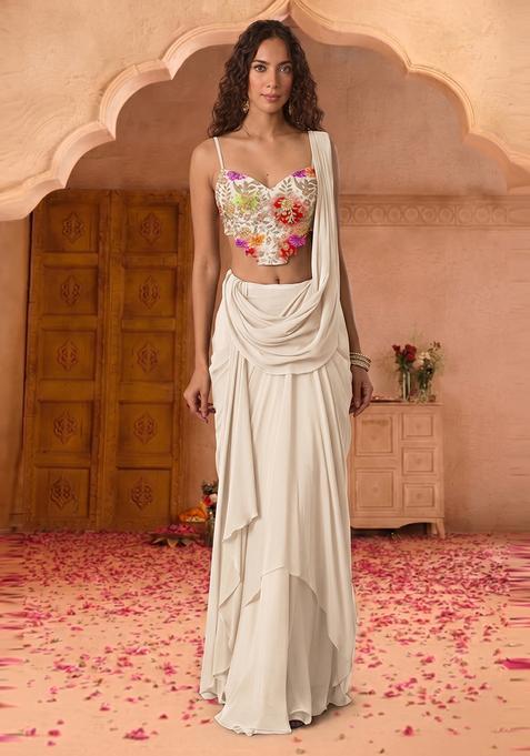 Beige Silk Blend Solid Pre Draped Saree Set