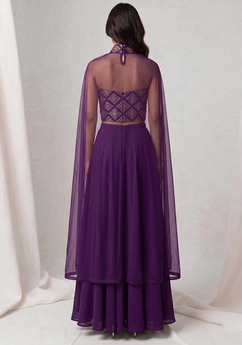 Purple Embroidered Crepe Lehenga Set - Indya