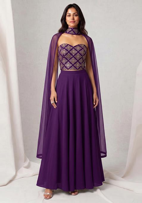 Purple Silk Blend Solid Lehenga Set