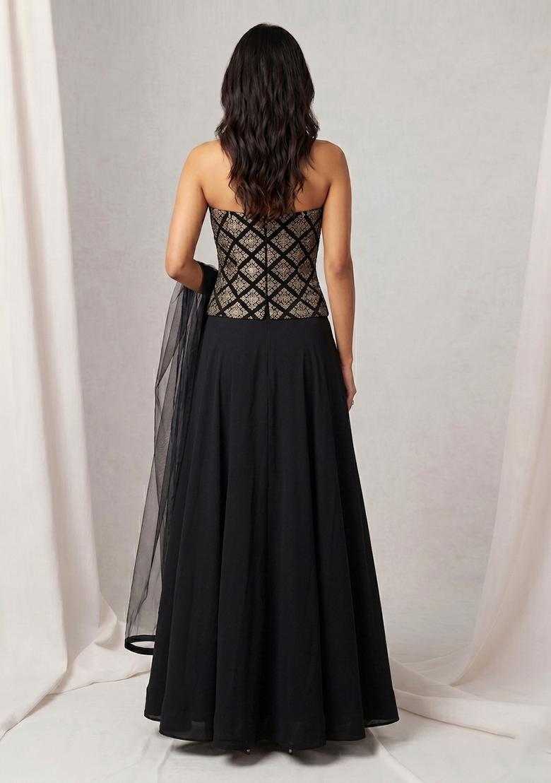 Black Velvet Solid Lehenga Set - Indya