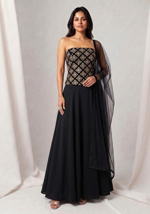 Black Velvet Solid Lehenga Set