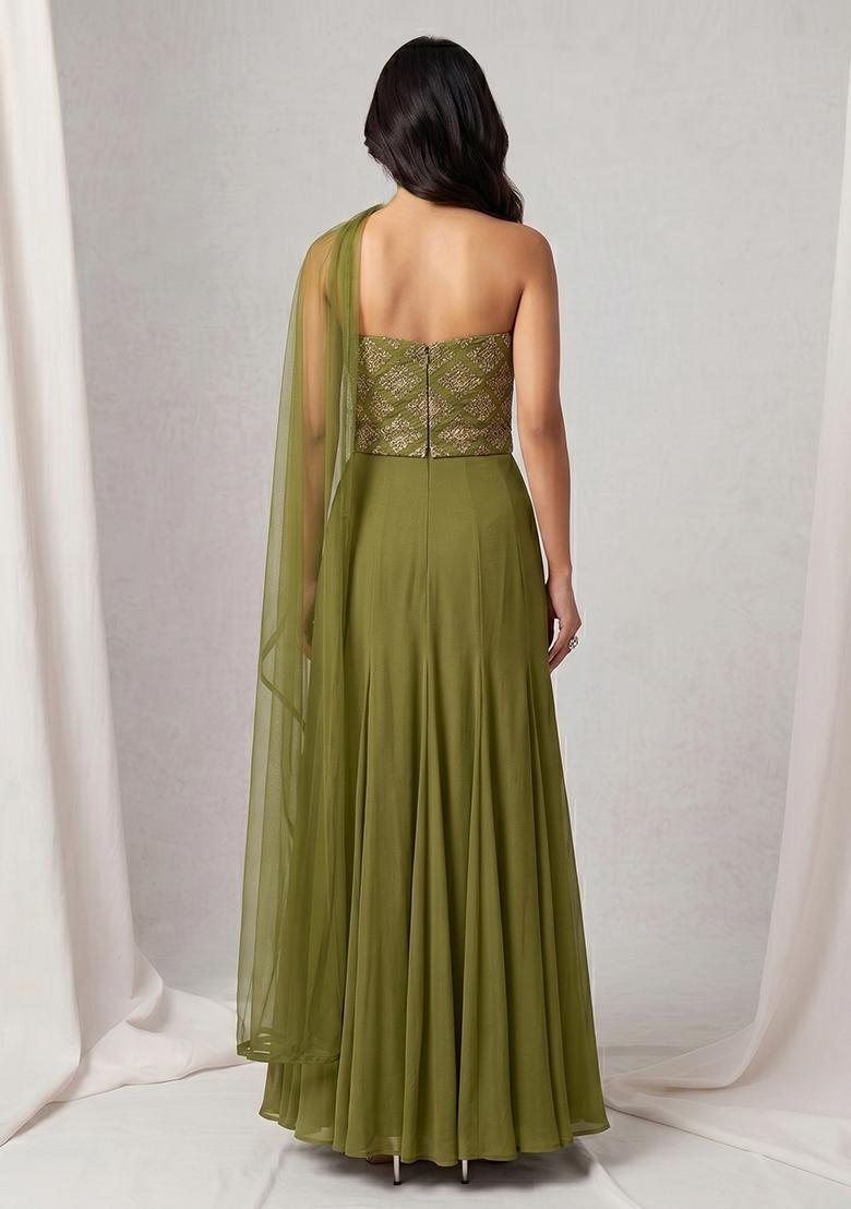 Olive Embroidered Crepe Lehenga Set - Indya