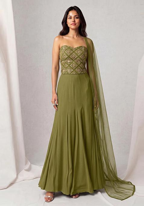 Olive Georgette Solid Lehenga Set
