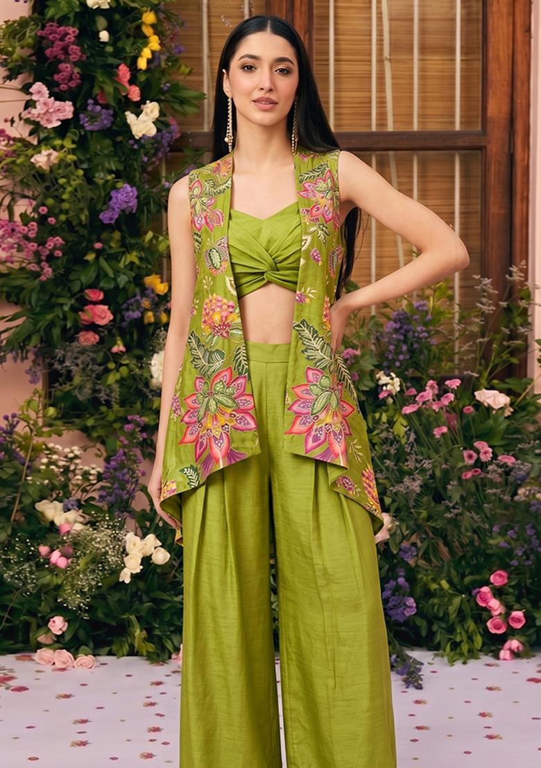 Green Solid Organza Fusion Set - Indya