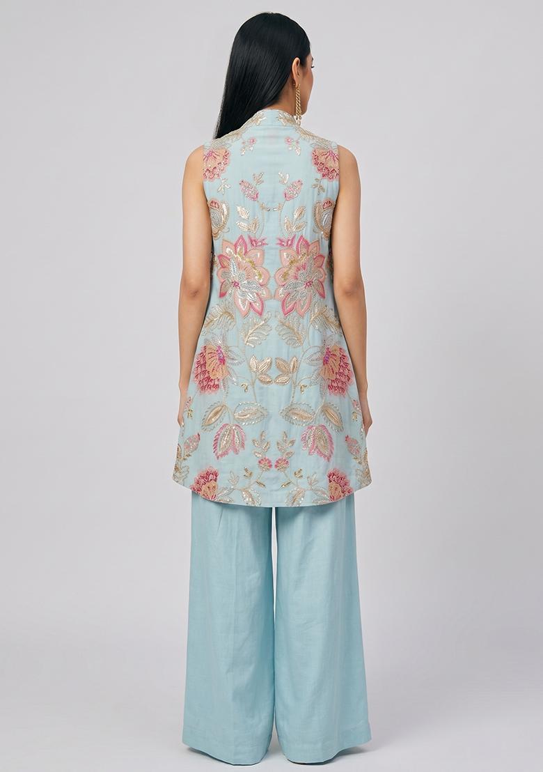 Blue Solid Organza Fusion Set - Indya