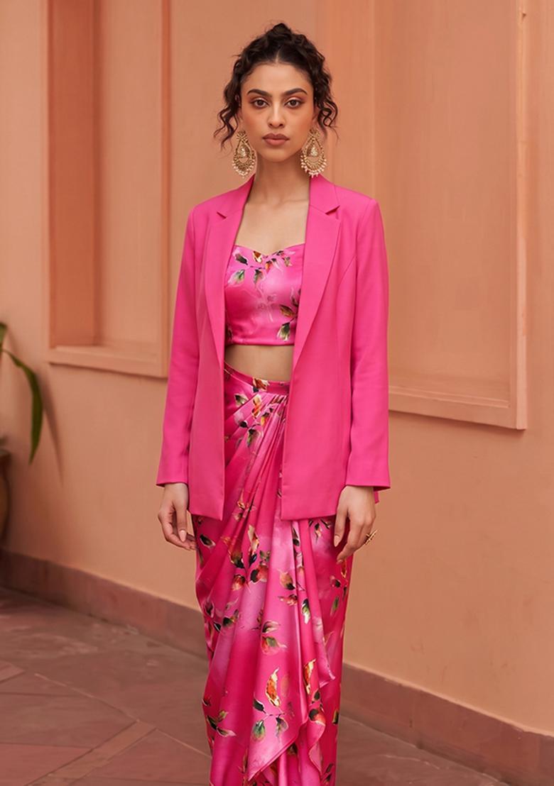 Pink Printed Satin Fusion Set - Indya