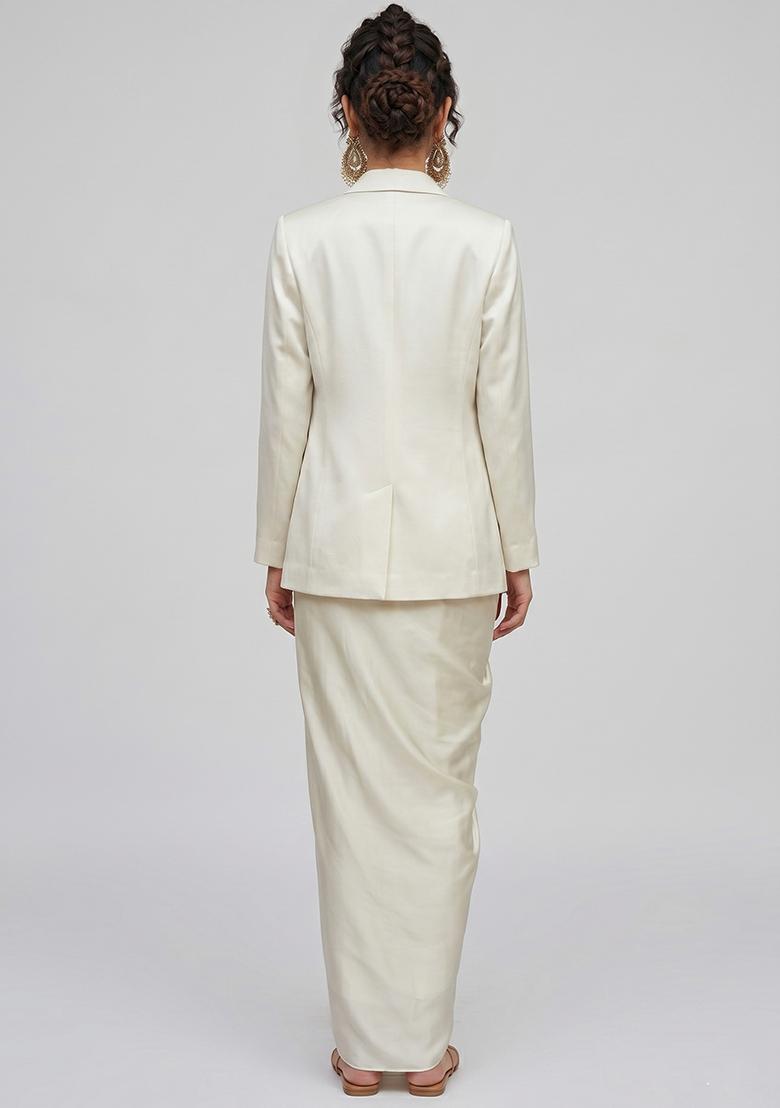 White Silk Blend Solid Fusion Set - Indya