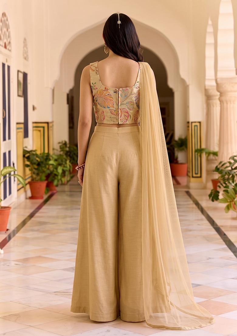 Sand Beige Silk Blend Solid Fusion Set - Indya