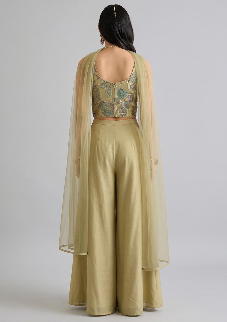 Khaki Silk Blend Solid Fusion Set - Indya