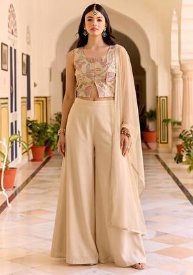 Beige Solid Organza Fusion Set