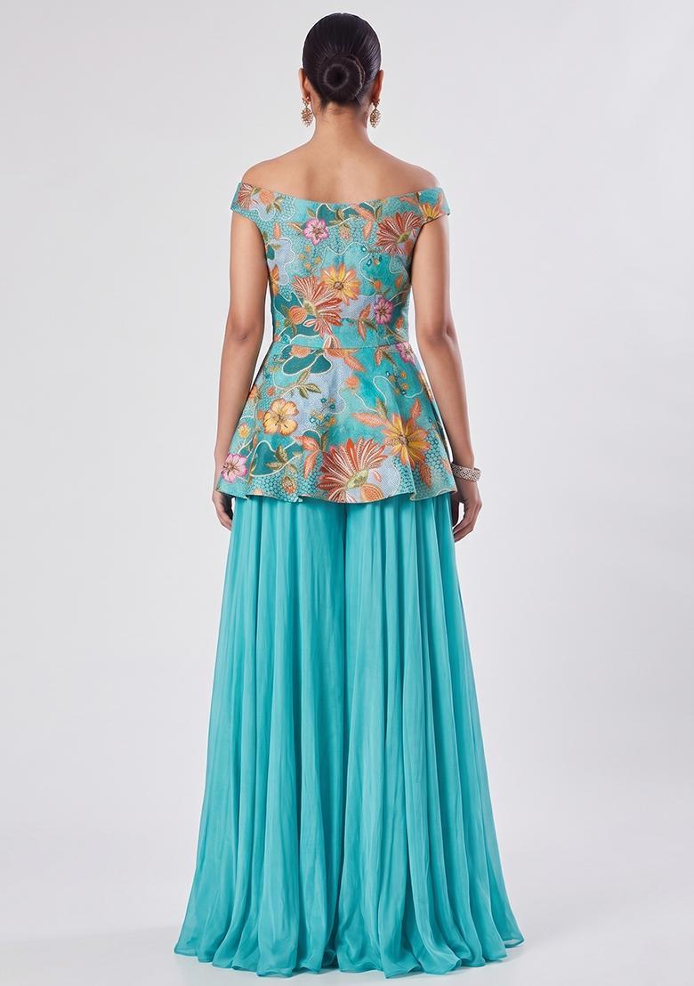 Teal Solid Silk Fusion Set - Indya