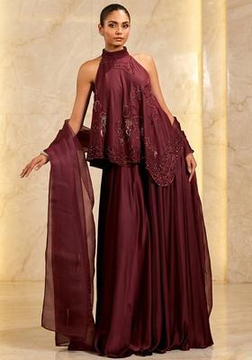 Brown Hand Work Sleeveless Sharara Set