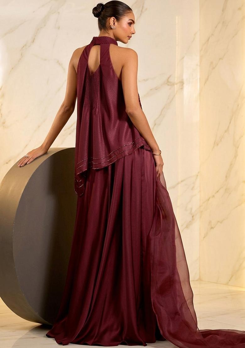 Brown Hand Work Sleeveless Sharara Set - Indya