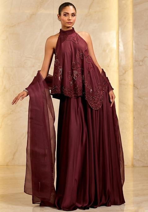 Brown Hand Work Sleeveless Sharara Set
