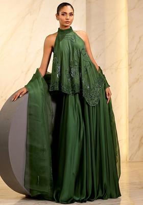 Green Hand Work Sleeveless Sharara Set
