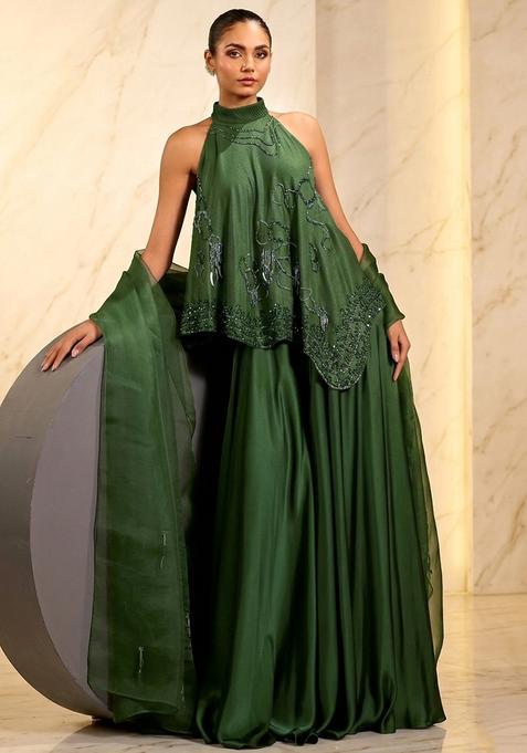 Green Hand Work Sleeveless Sharara Set
