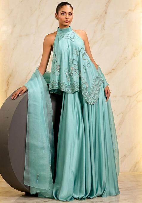 Light Blue Hand Work Sleeveless Sharara Set
