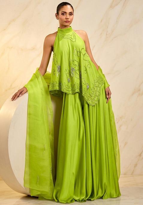 Lime Green Hand Work Sleeveless Sharara Set