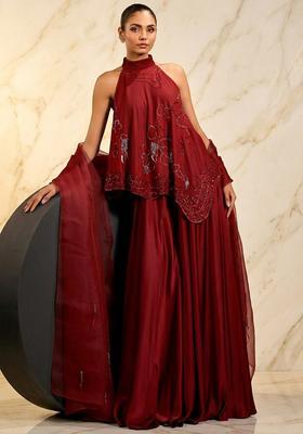Maroon Hand Work Sleeveless Sharara Set