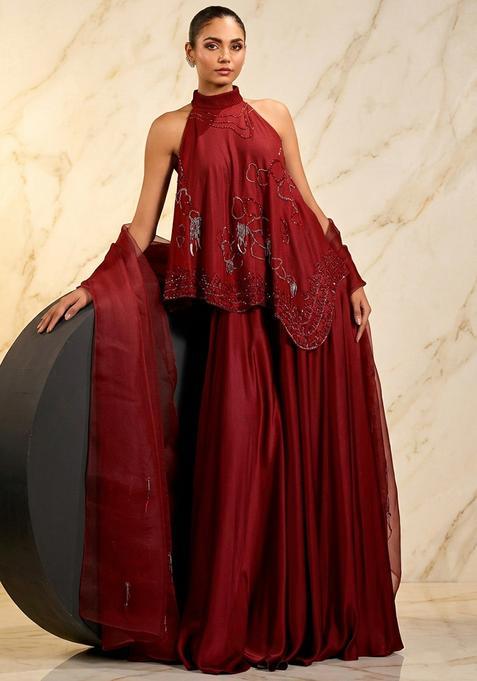 Maroon Hand Work Sleeveless Sharara Set