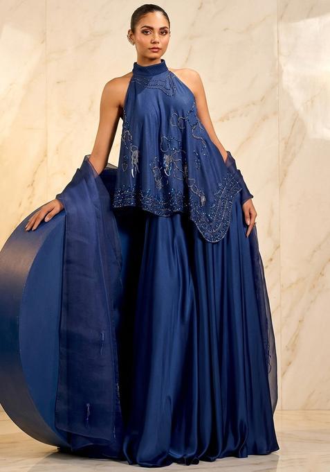 Dark Blue Hand Work Sleeveless Sharara Set