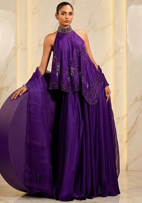 Purple Hand Work Sleeveless Sharara Set