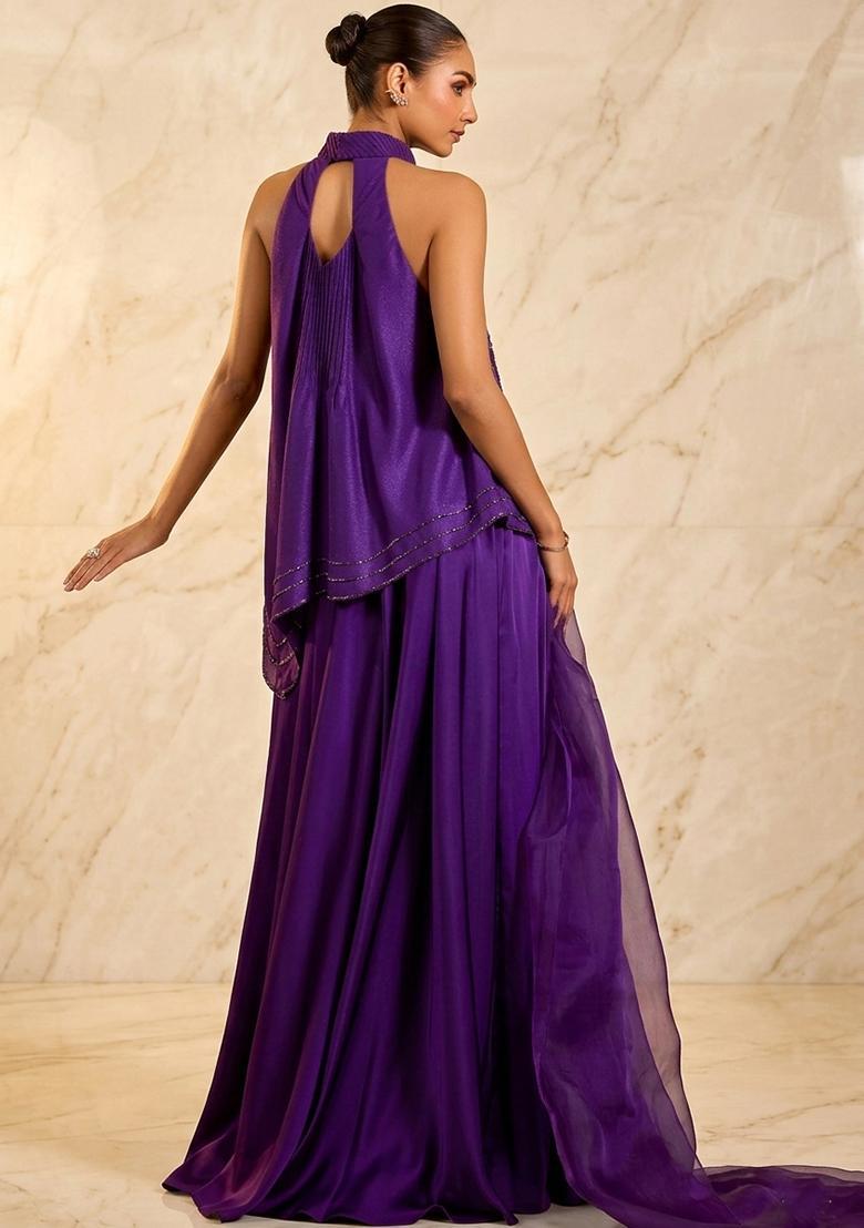 Purple Hand Work Sleeveless Sharara Set - Indya