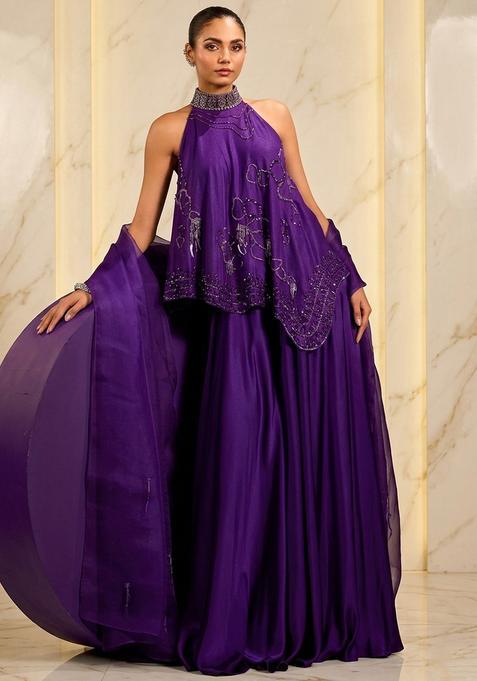 Purple Hand Work Sleeveless Sharara Set