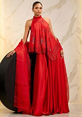 Red Hand Work Sleeveless Sharara Set