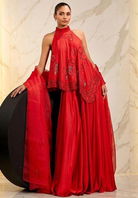 Red Hand Work Sleeveless Sharara Set