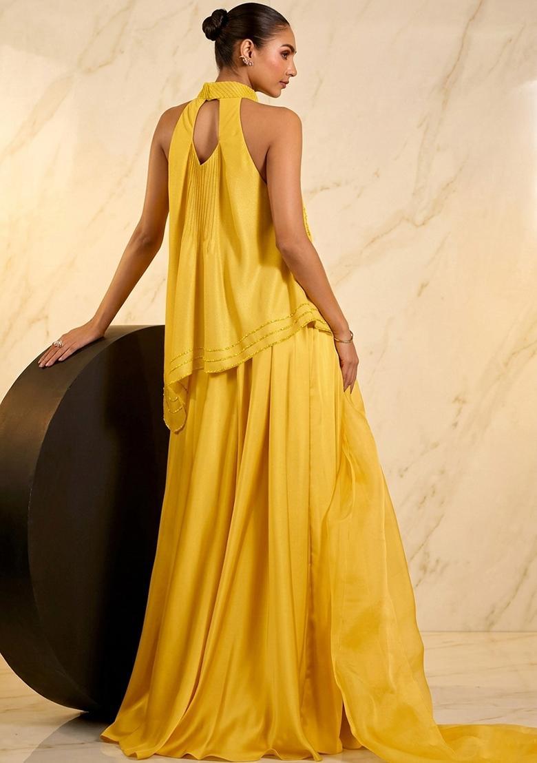 Yellow Hand Work Sleeveless Sharara Set - Indya