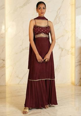 Brown Hand Work Sleeveless Sharara Set