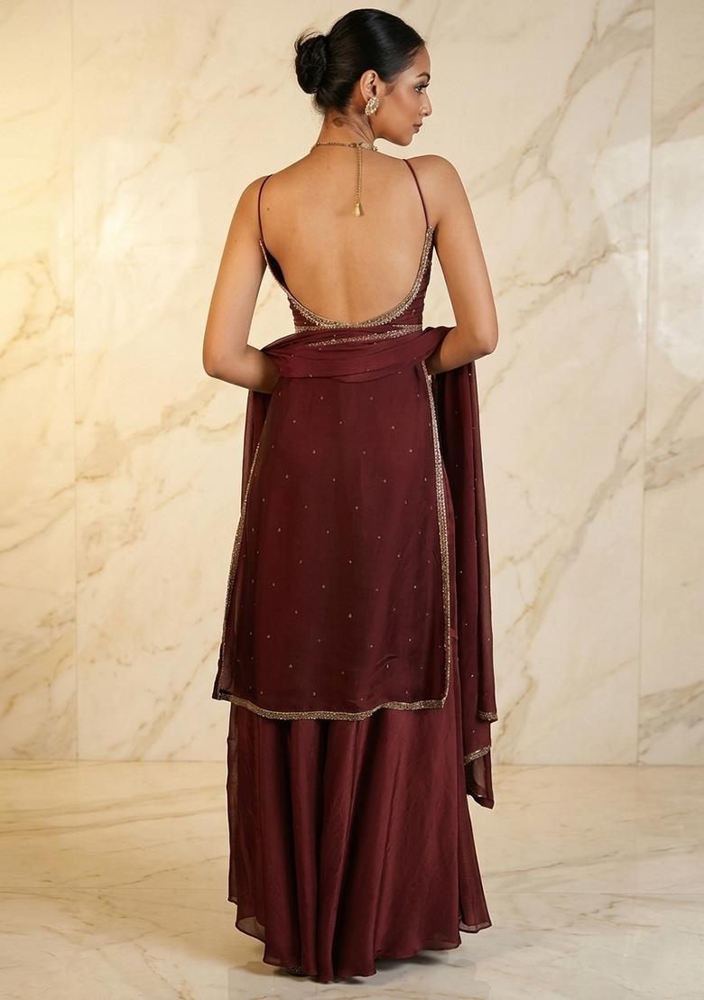 Brown Hand Work Sleeveless Sharara Set - Indya