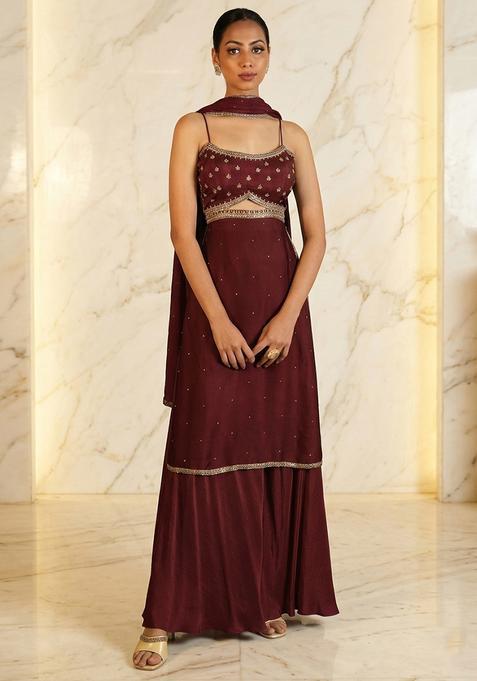 Brown Hand Work Sleeveless Sharara Set