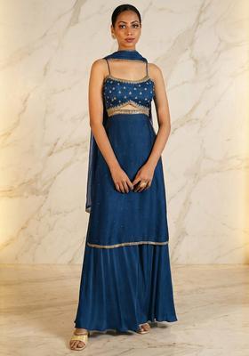 Dark Blue Hand Work Sleeveless Sharara Set