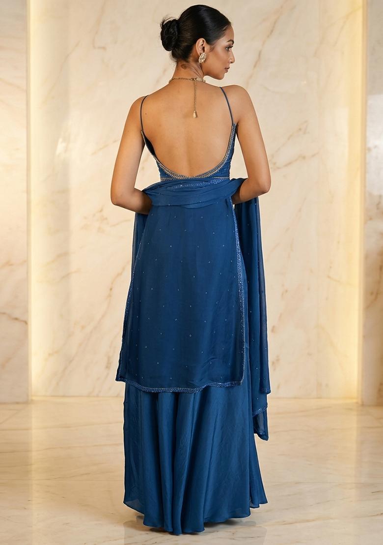Dark Blue Hand Work Sleeveless Sharara Set - Indya
