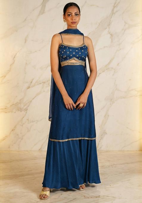 Dark Blue Hand Work Sleeveless Sharara Set