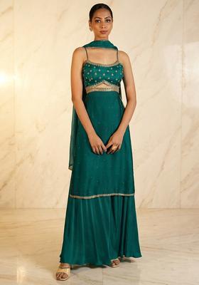 Green Hand Work Sleeveless Sharara Set