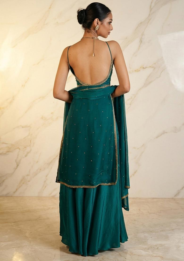 Green Hand Work Sleeveless Sharara Set - Indya