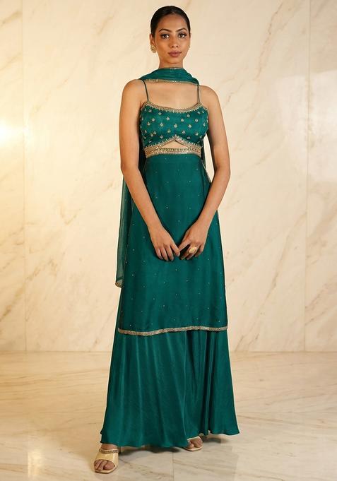 Green Hand Work Sleeveless Sharara Set