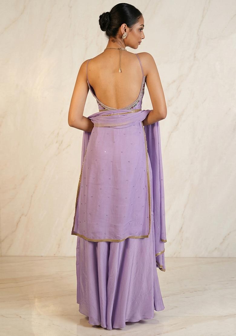 Lavender Hand Work Sleeveless Sharara Set - Indya