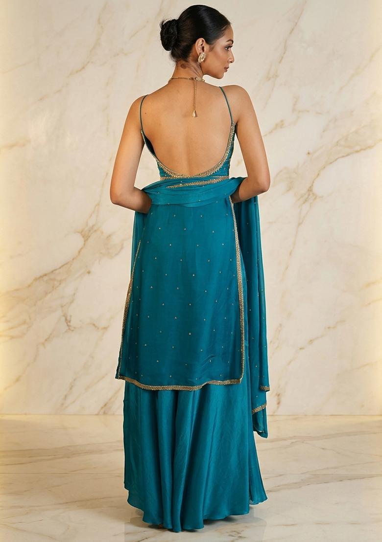 Light Blue Hand Work Sleeveless Sharara Set - Indya