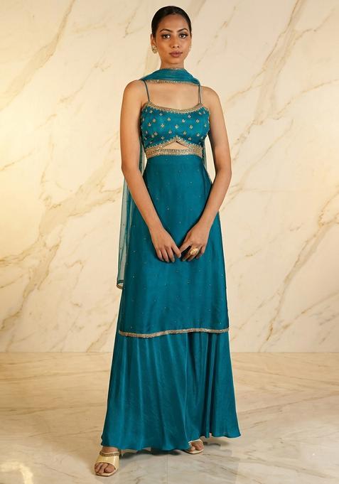 Light Blue Hand Work Sleeveless Sharara Set